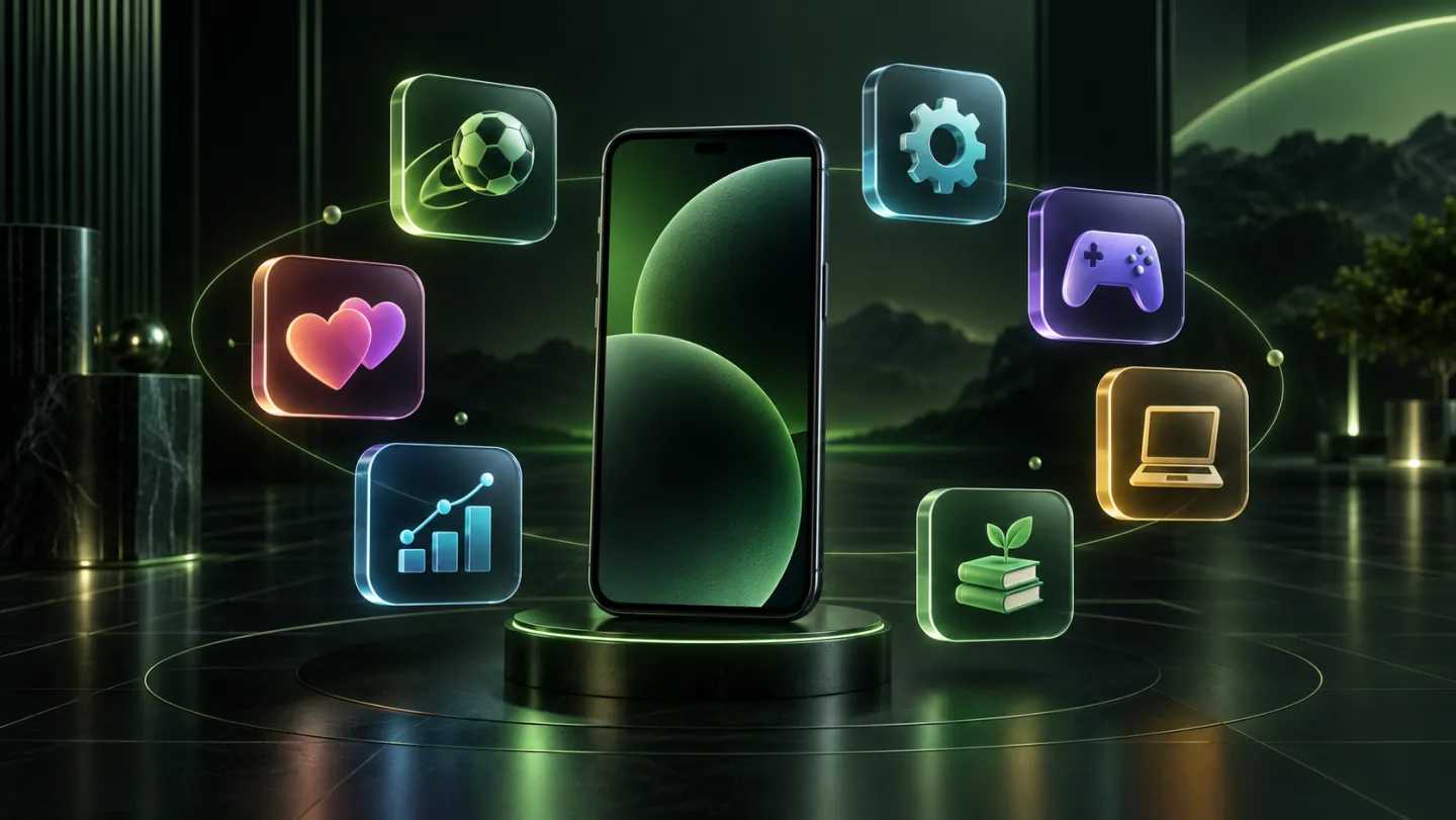 Different mobile app categories around a smartphone